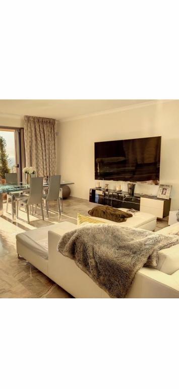 un salon avec un canapé et une table dans l'établissement T4 HAUT DE GAMME ROUTE DES SANGUINAIRES, à Ajaccio