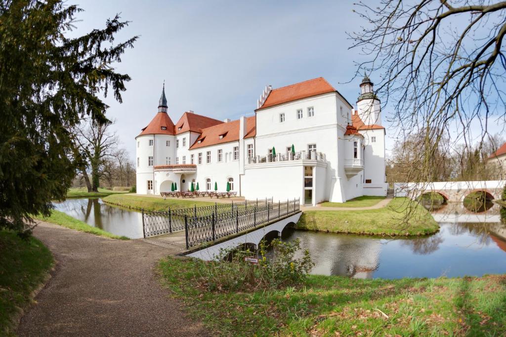 um grande castelo branco com uma ponte sobre um rio em Schlosshotel Fürstlich Drehna em Drehna