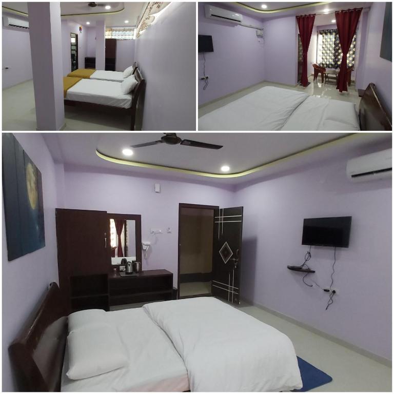 two pictures of a bedroom with a bed and a living room at BMR BALA LODGE in Nandyāl