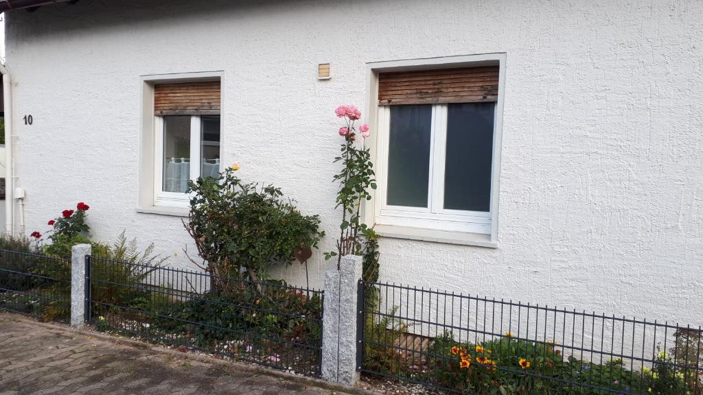 a white house with flowers on the side of it at Fewo Ausblicke in Bodenwerder