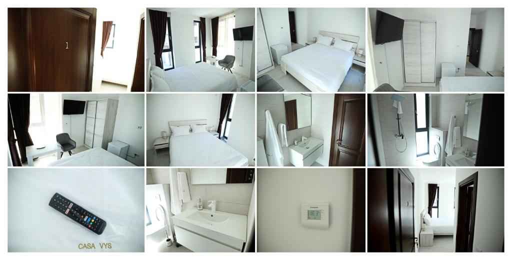 a collage of photos of a bedroom and a bathroom at CASA VYS in Piteşti