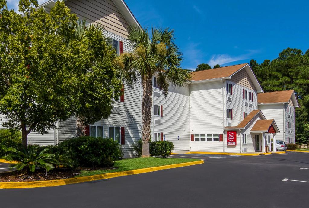 a white building with a palm tree next to a street at Red Roof Inn Darien - I-95 North Brunswick in Darien