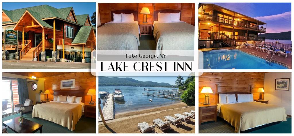 a collage of four pictures of a hotel room at Lake Crest Inn in Lake George