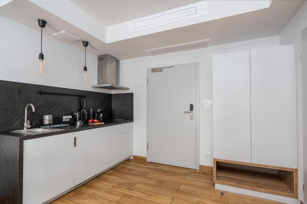 Kuchyň nebo kuchyňský kout v ubytování Apartament Mechelinki