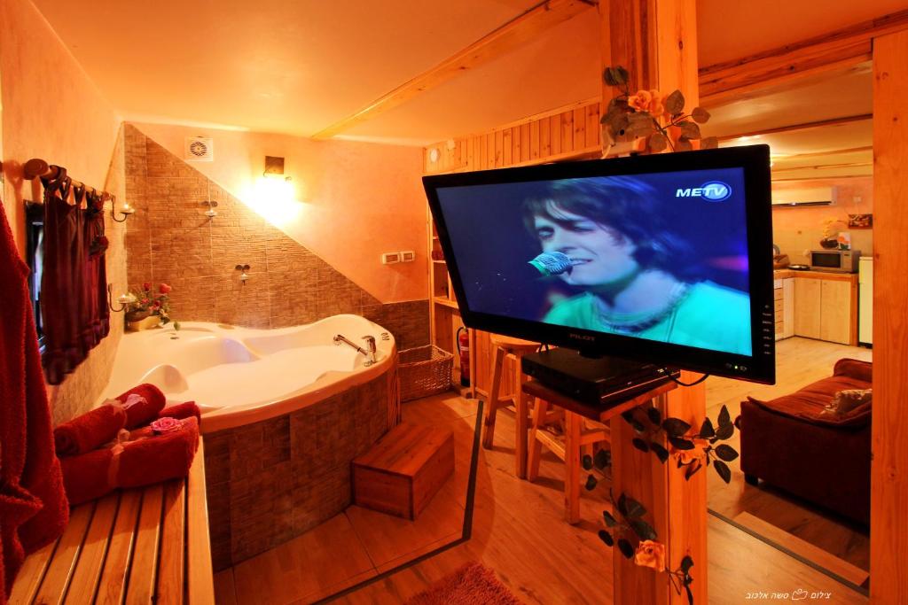 a television in a bathroom with a tub and a tub at Under the Walnut Tree Shade Lodge in Adi