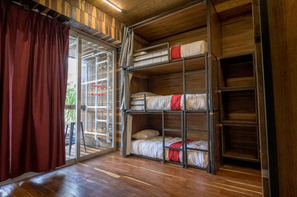a room with bunk beds in a room with a window at Reina Roja Hostal in Playa del Carmen