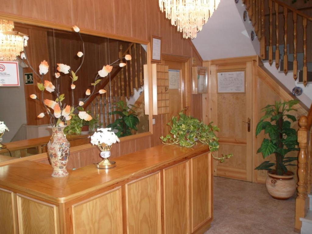 a lobby with a counter with flowers in a vase at Hostal Asensio Nijar in Níjar