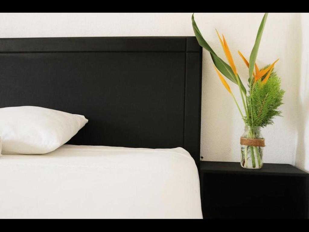 a vase with a plant on a night stand next to a bed at Double room for a Couple in Puerto Escondido