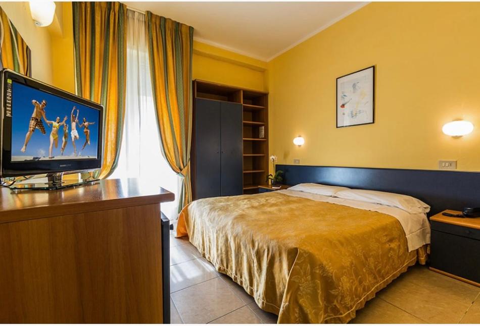 ein Hotelzimmer mit einem Bett und einem Flachbild-TV in der Unterkunft Hotel San Carlo in Marina di Pietrasanta