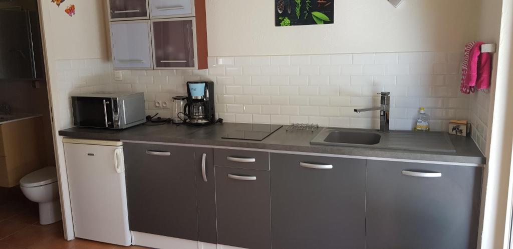 a kitchen with a sink and a microwave at Chevalier in Saint-Nazaire
