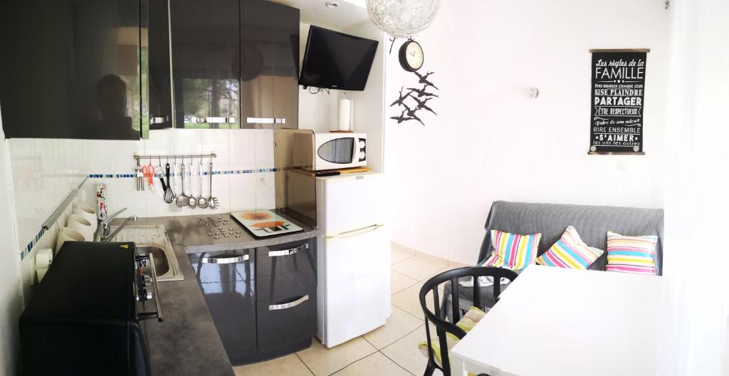 uma cozinha com um lavatório e uma bancada em Charmant T2 en rez de chaussée em Balaruc-les-Bains