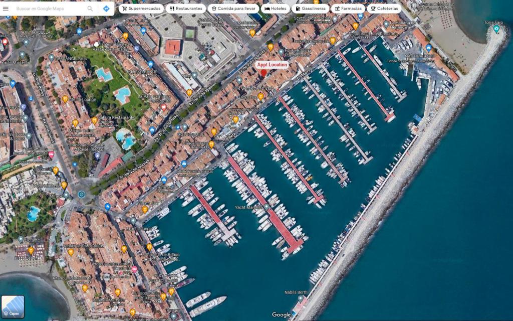 un mapa de un puerto con barcos en el agua en Puerto Banus Duplex Centric WaterFront 3 Bedroom en Marbella