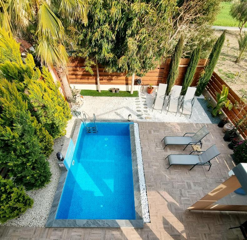 an overhead view of a swimming pool in a garden at Shanti Paphos Villa in Paphos