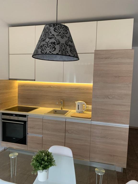 a kitchen with a sink and a pendant light at Near Ozas in Vilnius