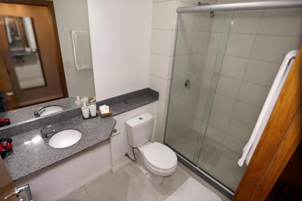 La salle de bains est pourvue d'un lavabo, de toilettes et d'une douche. dans l'établissement Hotel Querência, à Gramado