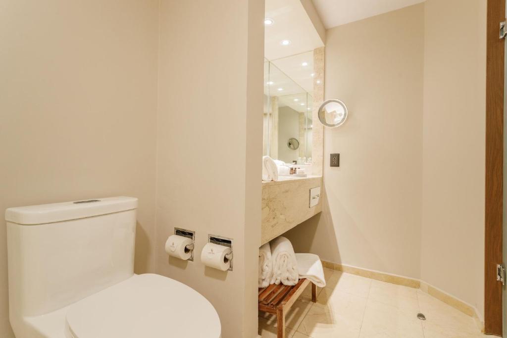 a white bathroom with a toilet and a sink at Camino Real Aeropuerto in Mexico City