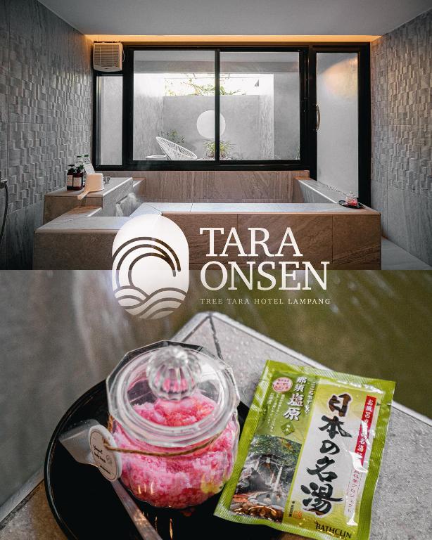 a book and a table with a bowl of food at Tree Tara hotel in Lampang