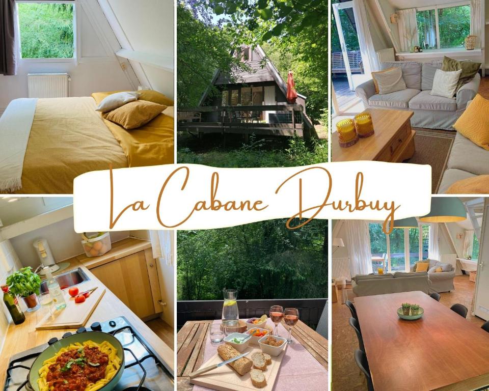 a collage of pictures of a house with a room at La cabane, Durbuy in Durbuy
