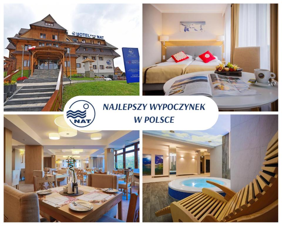 un collage de cuatro fotos de un hotel en HOTEL*** NAT Bukowina Tatrzańska, en Bukowina Tatrzańska