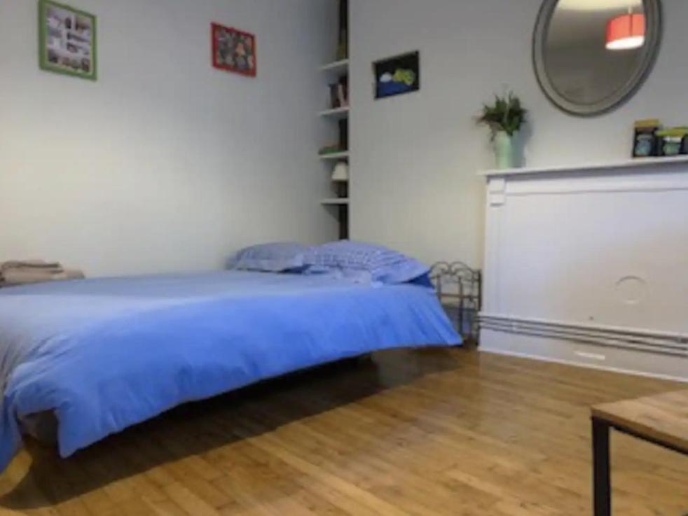 une chambre avec un lit bleu et un miroir dans l'établissement Studio 27 - 3eme etage, à Limoges