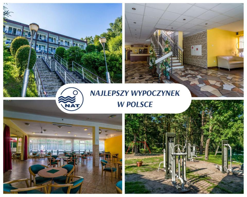 a collage of photos with a building and a restaurant at OW Eden in Kąty Rybackie
