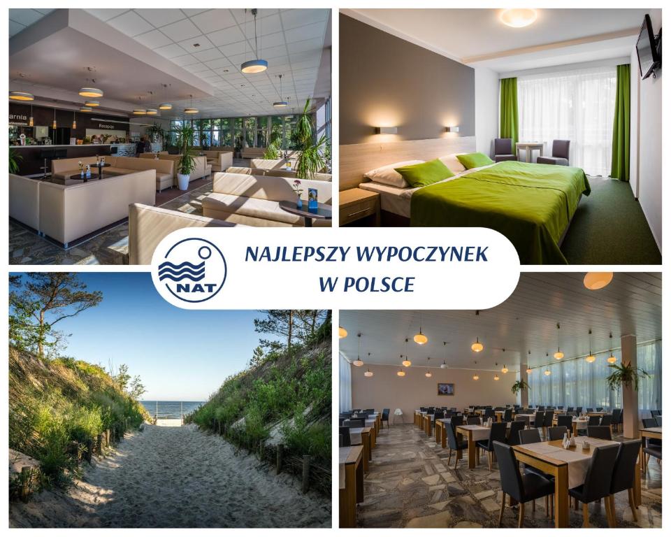 eine Zusammenfassung von Fotos mit einem Hotelzimmer und einem Restaurant in der Unterkunft Hotel *** NAT Krynica Morska in Krynica Morska