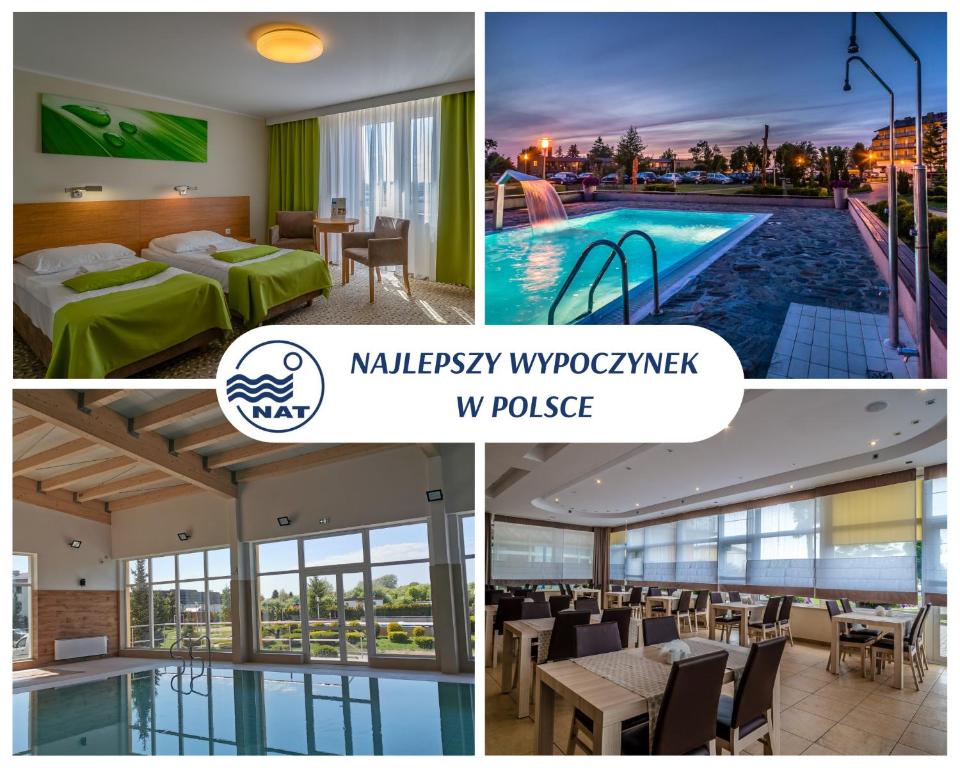 un collage de fotos con una habitación de hotel y una piscina en Hotel ***NAT Sarbinowo, en Sarbinowo