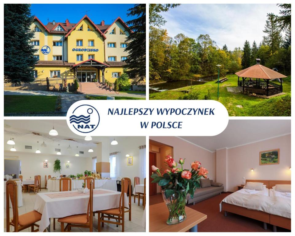 eine Collage mit vier Bildern eines Hotels in der Unterkunft Hotel *** NAT Wisła in Wisła