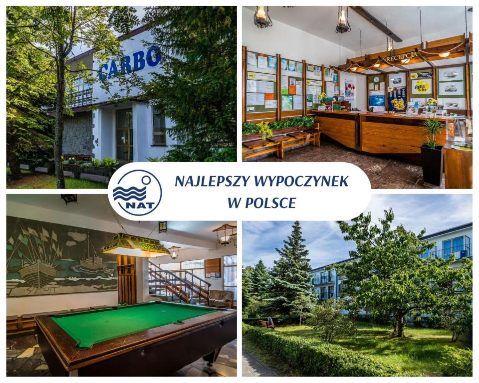 un collage de fotos de una casa con mesa de billar en OW Carbo w sąsiedztwie lasu i jeziora, en Dąbki