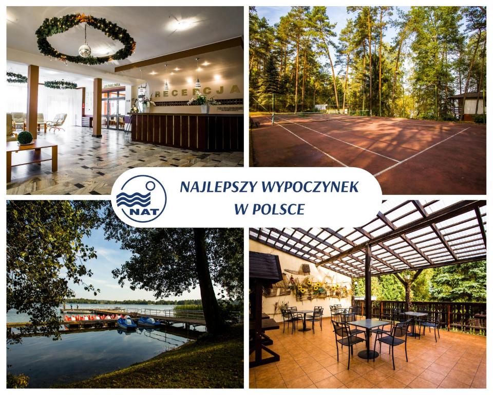 a collage of photos of a house with a patio at OW Inter Piast własna plaża z kąpieliskiem i przystań in Dąbrówno