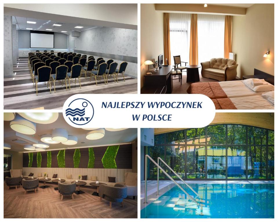 a collage of photos of a conference room with a pool at Hotel *** NAT Ustroń in Ustroń