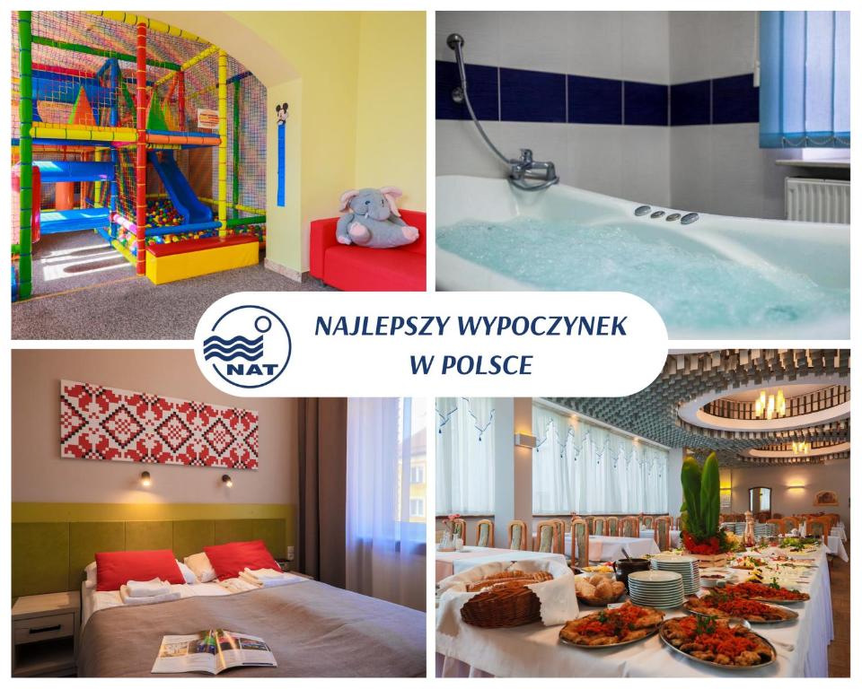 un collage de fotos de una habitación de hotel con piscina en Hotel *** NAT Krynica Zdrój, en Krynica-Zdrój