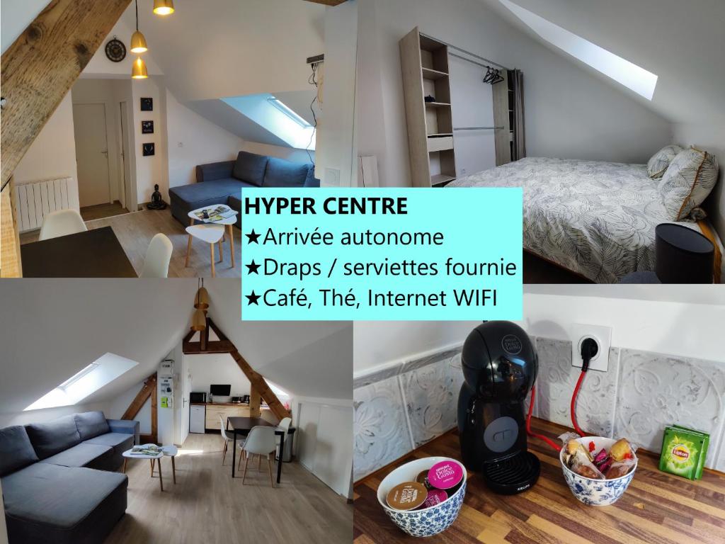 Duas fotografias de uma sala de estar e de um quarto em Appartement T3 "YUCA" Hyper centre d'ERNÉE em Ernée