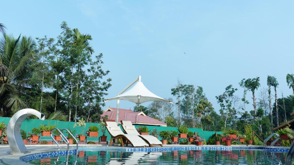 a pool at a resort with chairs and an umbrella at Srinikethana Home Stay with Swimming Pool in Madikeri