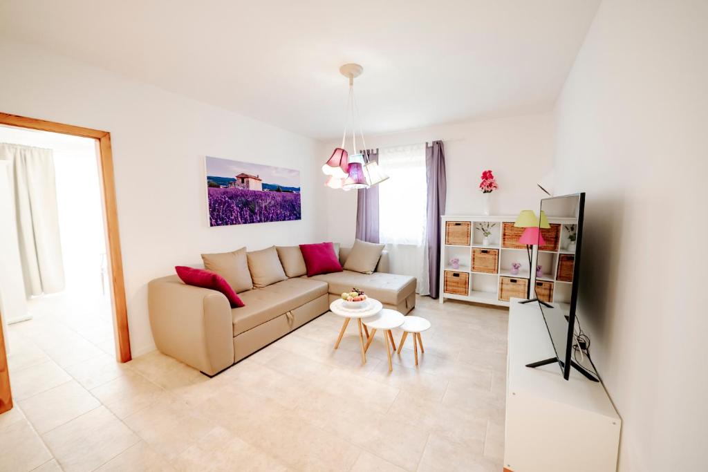 salon z kanapą i stołem w obiekcie Villa Begonia w mieście Višnjan