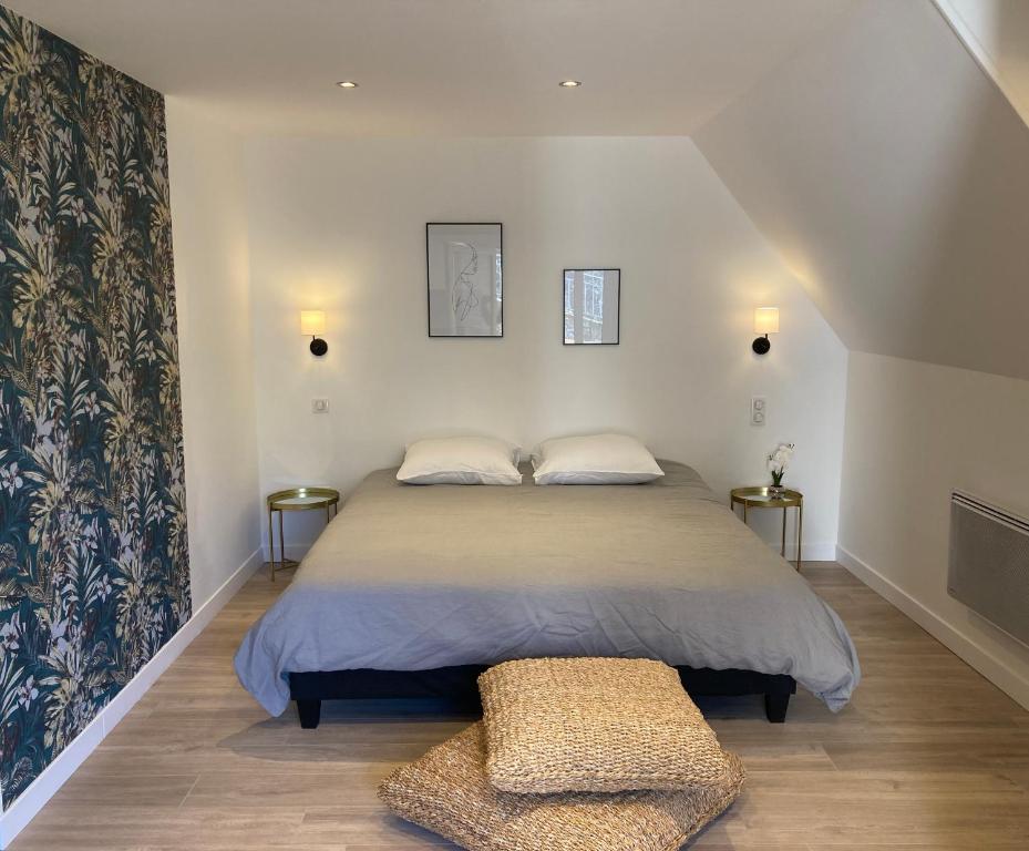 1 dormitorio con 1 cama grande y 2 almohadas en L’atelier d’Auguste, en Marcols-les-Eaux