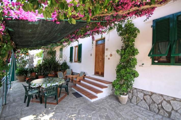 un patio con mesa, sillas y flores en Casa Armida Chiessi en Chiessi