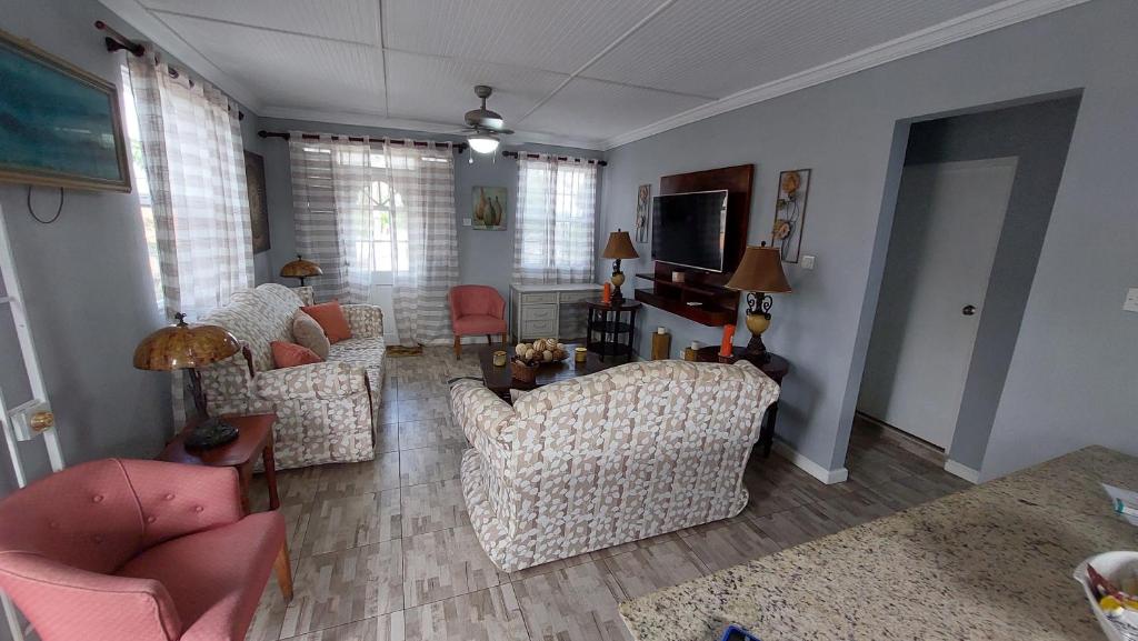 a living room with couches and a flat screen tv at Carmen Apartment in Bridgetown