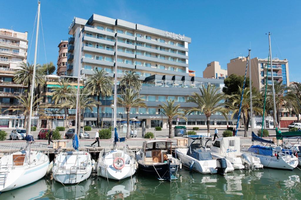 a group of boats docked in a marina with a building at Hotel Costa Azul in Palma de Mallorca