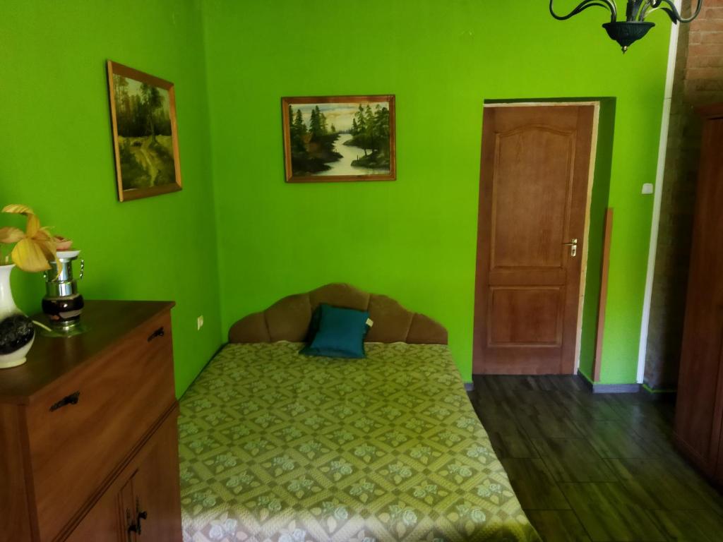 zieloną sypialnię z łóżkiem z niebieską poduszką w obiekcie Szakál Vendégház w mieście Aggtelek