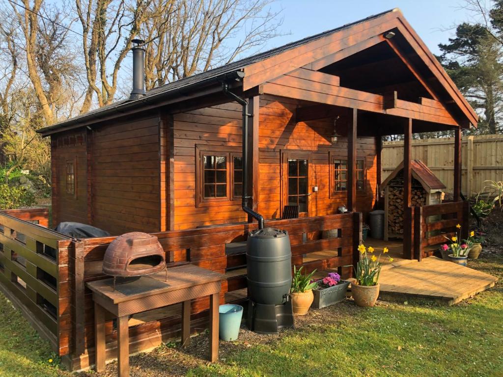 a small wooden cabin with a grill in a yard at The Chalet @ Giltar Grove Country House in Tenby