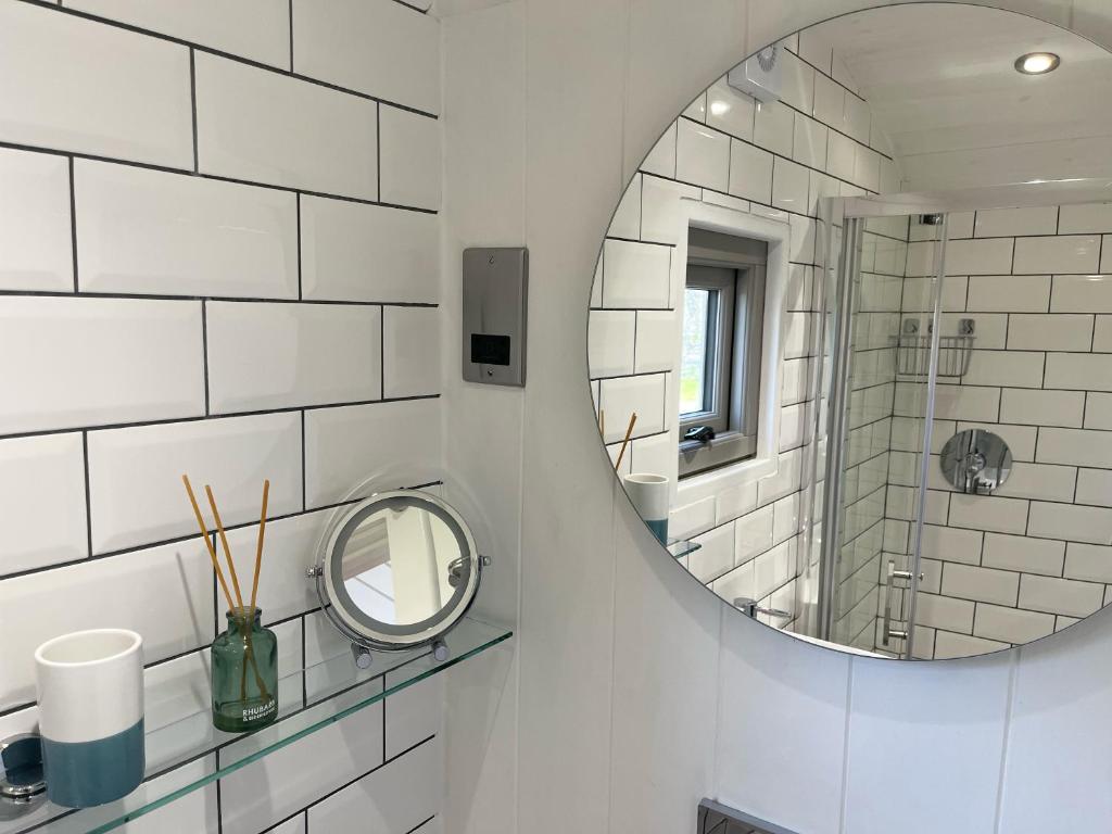 uma casa de banho com um espelho e um lavatório em Luxury Shepherds Hut - The Moorhen by the lake em York