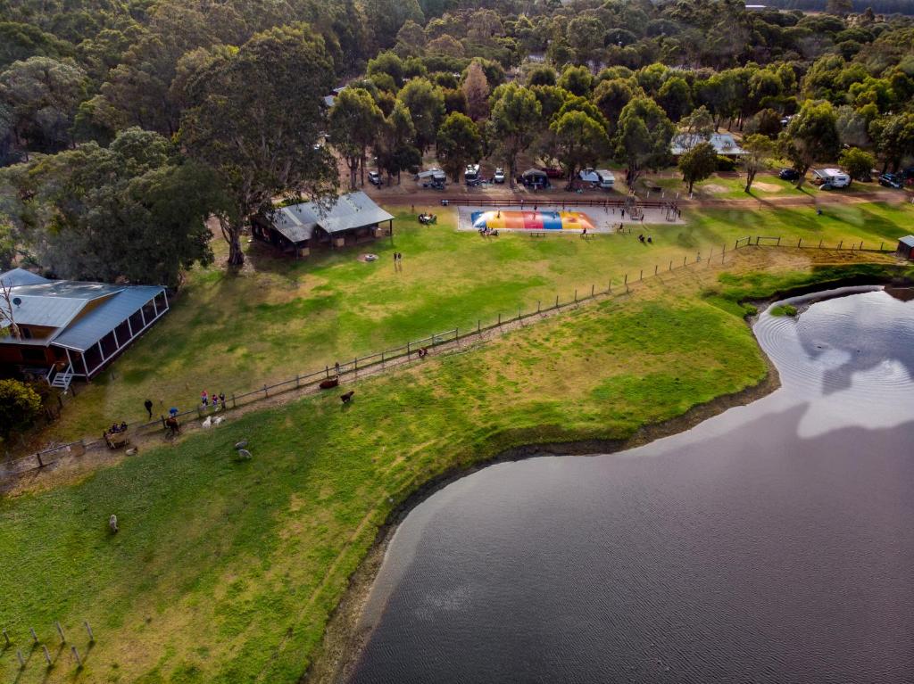 an overhead view of a bridge over a body of water at BIG4 Taunton Farm in Cowaramup