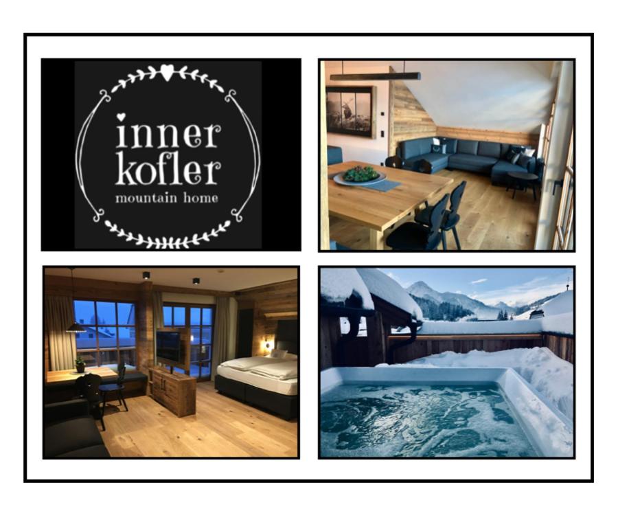 a collage of four pictures of a hotel room at Appartements Innerkofler Mountain Home in San Candido