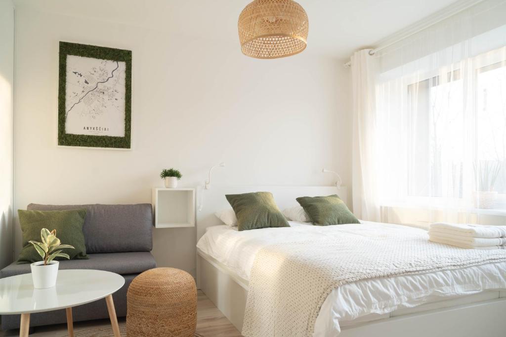 ein Schlafzimmer mit einem Bett, einem Stuhl und einem Tisch in der Unterkunft Čia gera studio in Anykščiai
