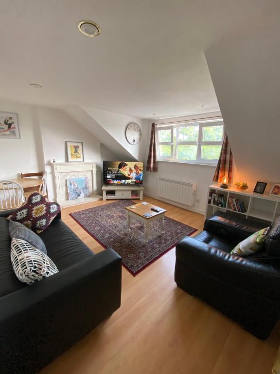 a living room with two couches and a table at Magdala Apartment in Nottingham