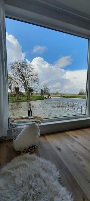a large window with a view of a body of water at La vache au lit in Damme