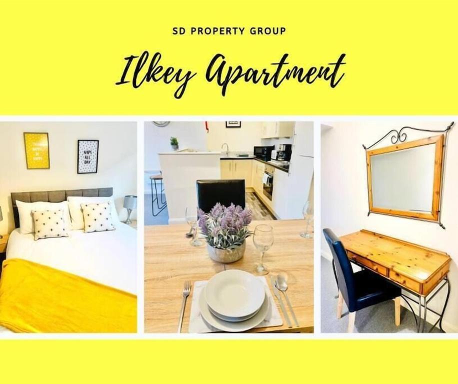 un collage de fotos de un dormitorio y una cocina en Ilkley Apartment with Parking en Ilkley