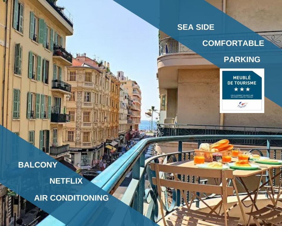 un collage de photos d'un balcon avec une table et de la nourriture. dans l'établissement ☆ SILVER BEACH ☆, à Nice