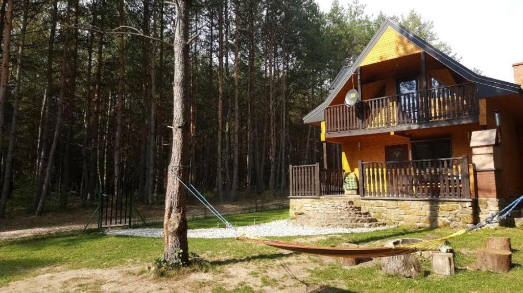 ein Haus mit einer Hängematte davor in der Unterkunft Domek Chańcza in Chańcza